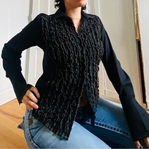 Max Studio Brown Tuxedo Ruffle Front Slim Fit Contrast Stitching Blouse - S